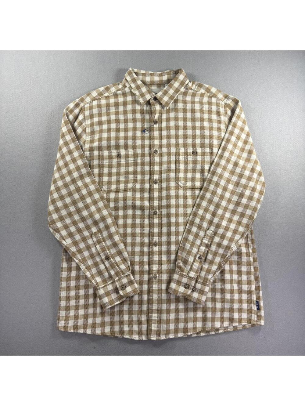 ROWM Mens Large Tan White Gingham Check Flannel Cotton Shirt Long Sleeve NWT